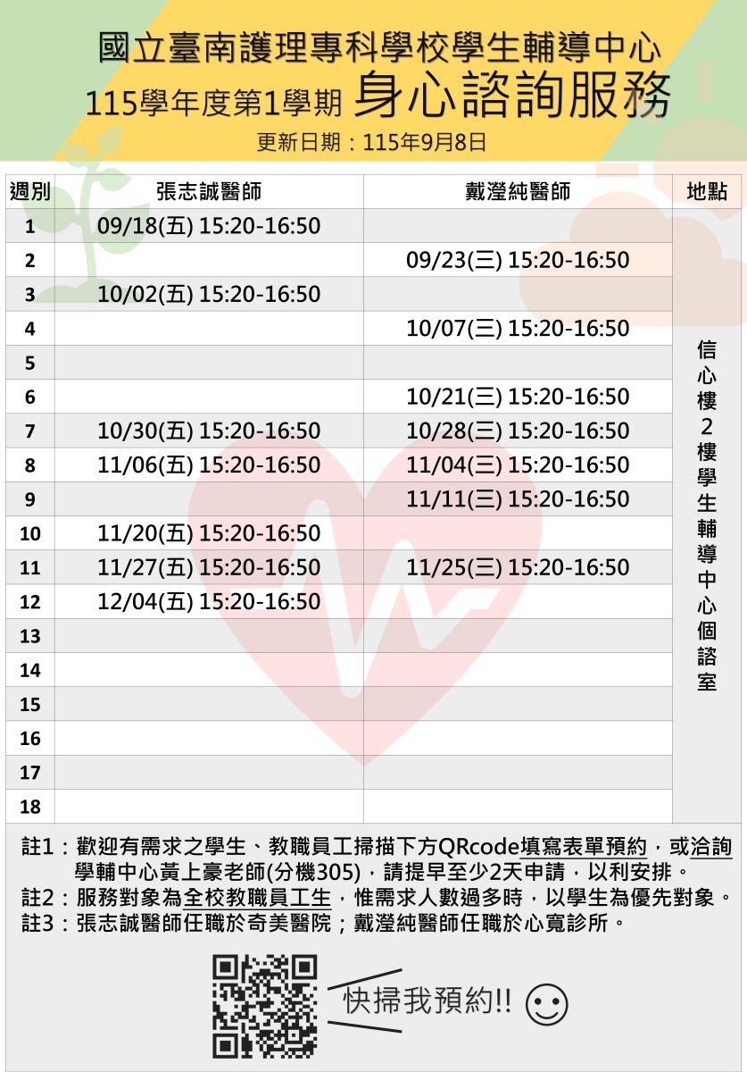 1150908公告-115-1-身心諮詢宣導(醫師駐點時間表)